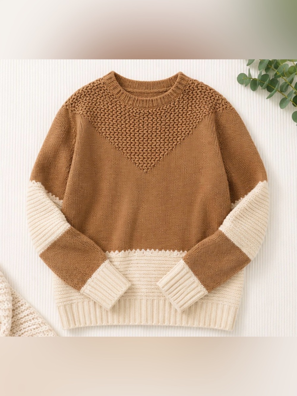 Two-Tone Cream & Camel Crewneck Sweater